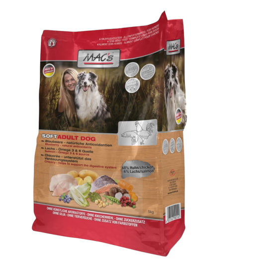 Mac’s SEMI MOIST VOKSEN - Kylling & laks. Blød tørfoder til hunde.