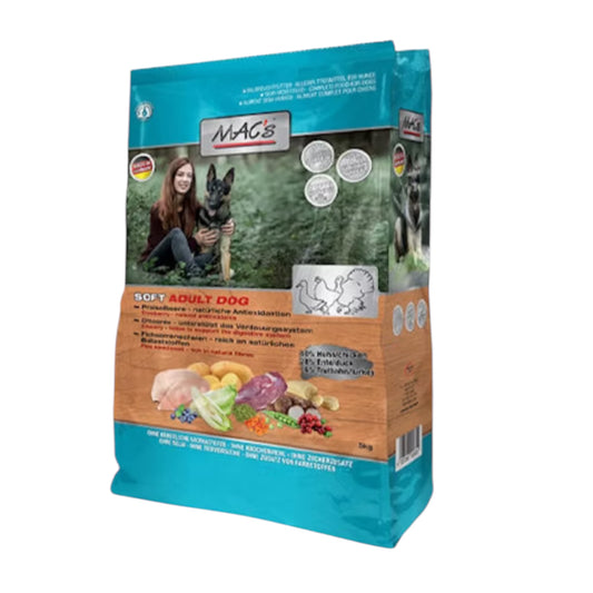 Mac’s SEMI MOIST VOKSEN - Kylling, andekød & kalkun. Blødt foder/godbid